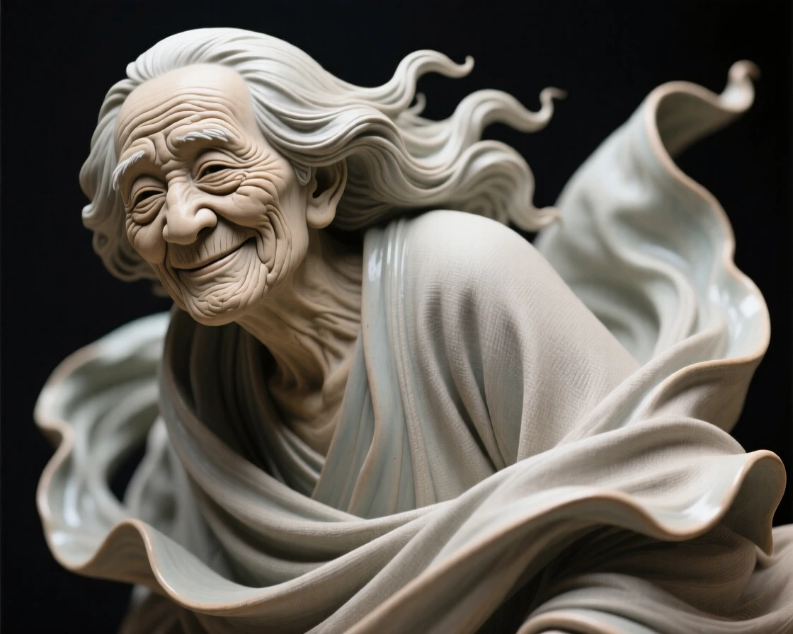 A wise elder with deeply lined, kind eyes frozen mid-motion with fabric swirling around them, with a serene, knowing half-smile, conveying quiet dignity and timeless beauty.