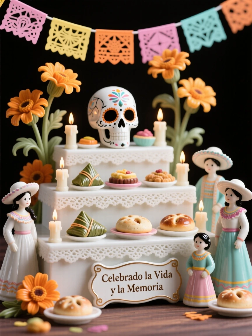 A vibrant Mexican Día de los Muertos altar celebration, radiating cultural pride and celebration.