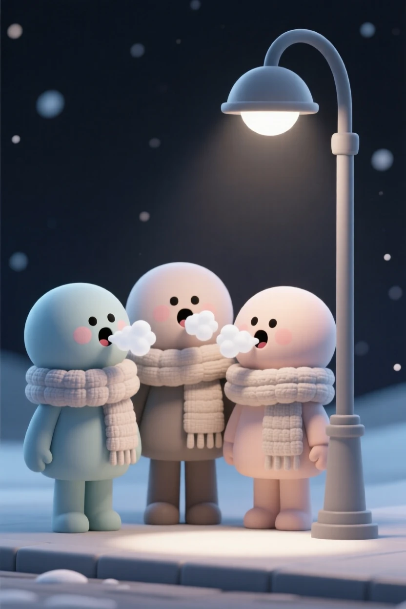 A determined caroling group bundles up in scarves, breath fogging as they sing beneath a streetlamp.