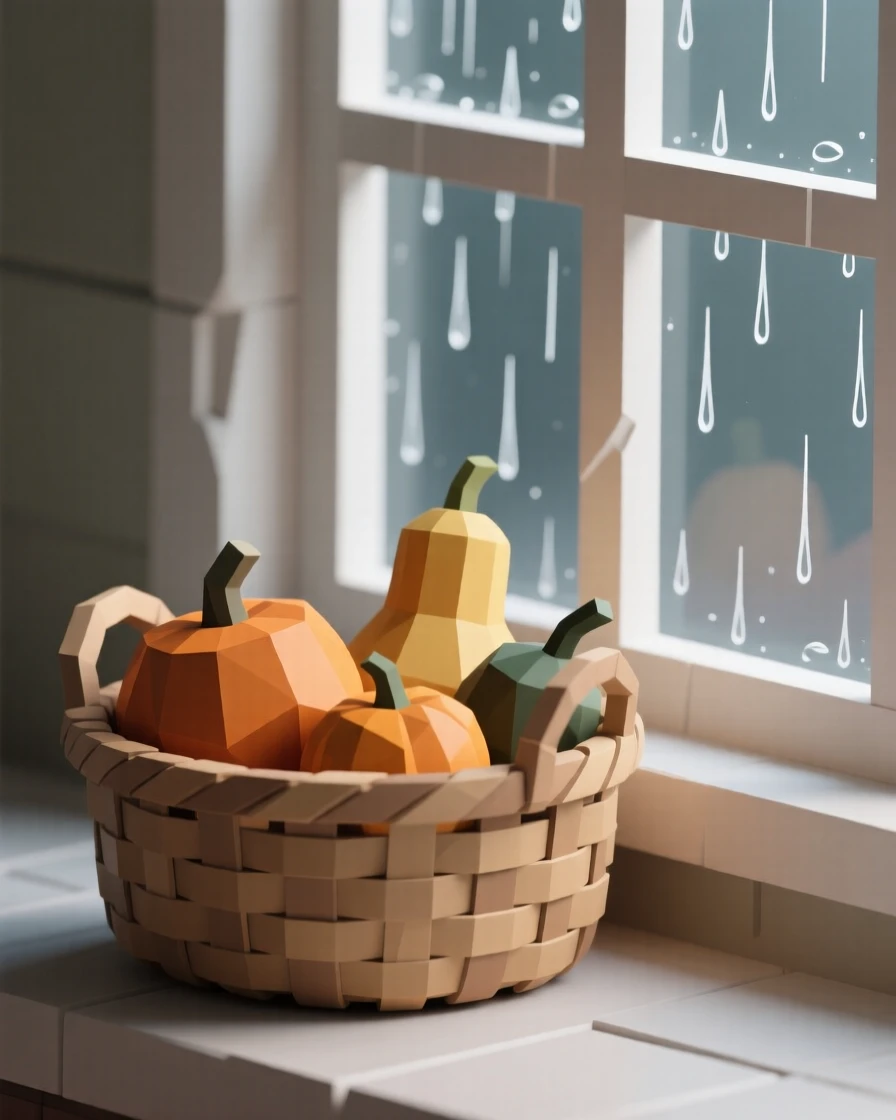 A woven basket filled with autumn gourds, beside a rain-streaked window. muted tones give the scene a timeless quality. The scene feels nostalgic and quiet.
