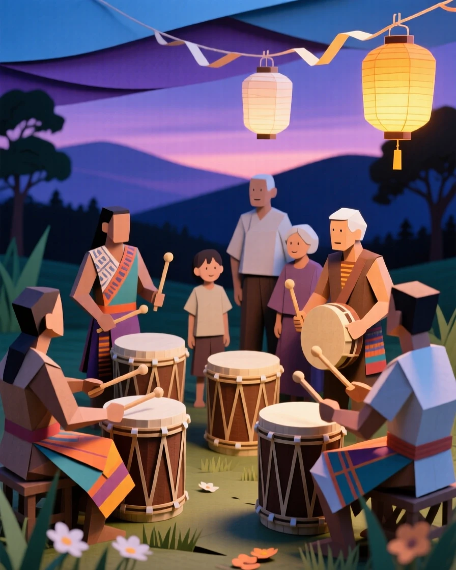 A group of ceremonial drummers filling a twilight sky with soft glowing light, with generations gathered together in celebration, conveying mindful ritual and tradition.