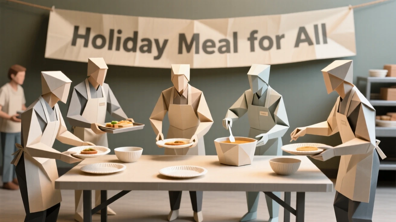 A team of volunteers serving meals together at a community shelter on a holiday.