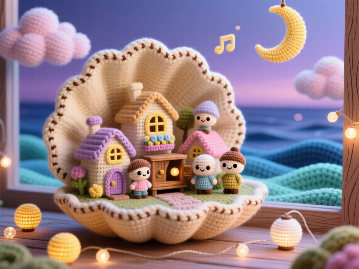 a tiny music box village nestled inside a giant shell, playing a soft gentle tune, is shown resting on a windowsill at dusk, perched above a calm and glassy sea, surrounded by a scattering of tiny glowing lights, radiating a dreamlike, storybook charm.