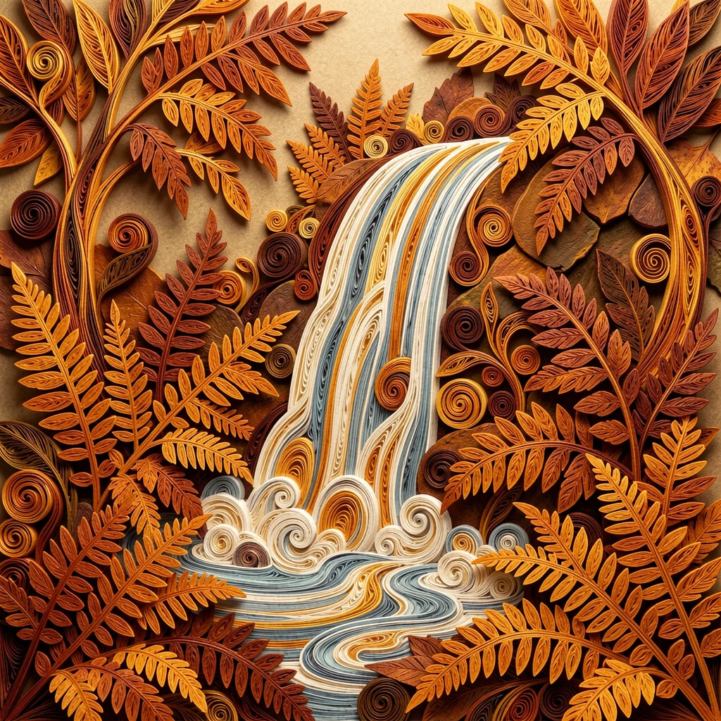 a cascading waterfall surrounded by ferns, in an overgrown secret garden corner, arranged with a single stem as the clear focal point, in warm autumn hues of amber and rust.