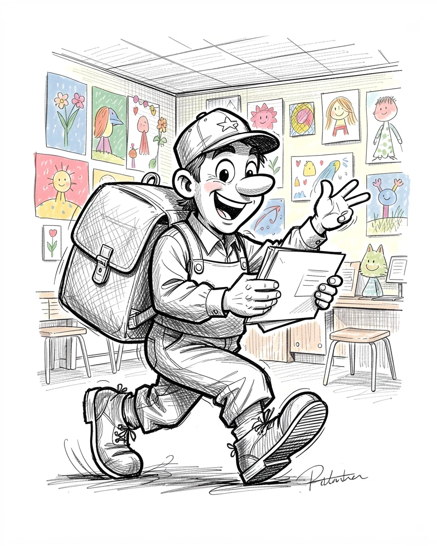 A postal carrier delivering letters on a sunny street in a classroom decorated with student artwork.