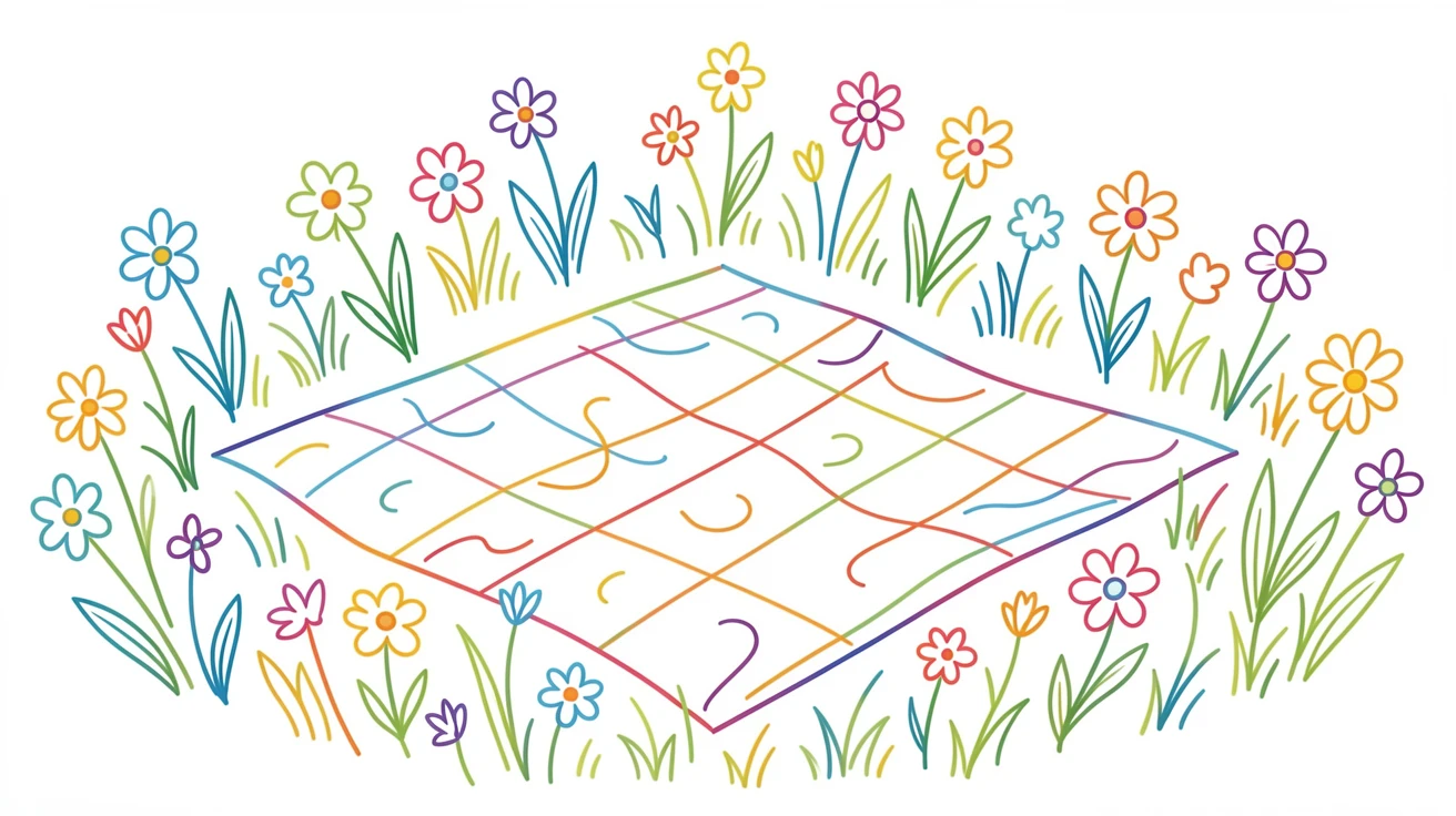 A spring meadow with a picnic blanket surrounded by blooming wildflowers.
