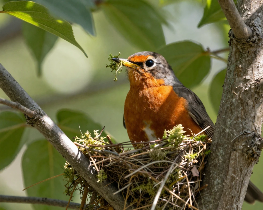 A robin building a nest with twigs and moss