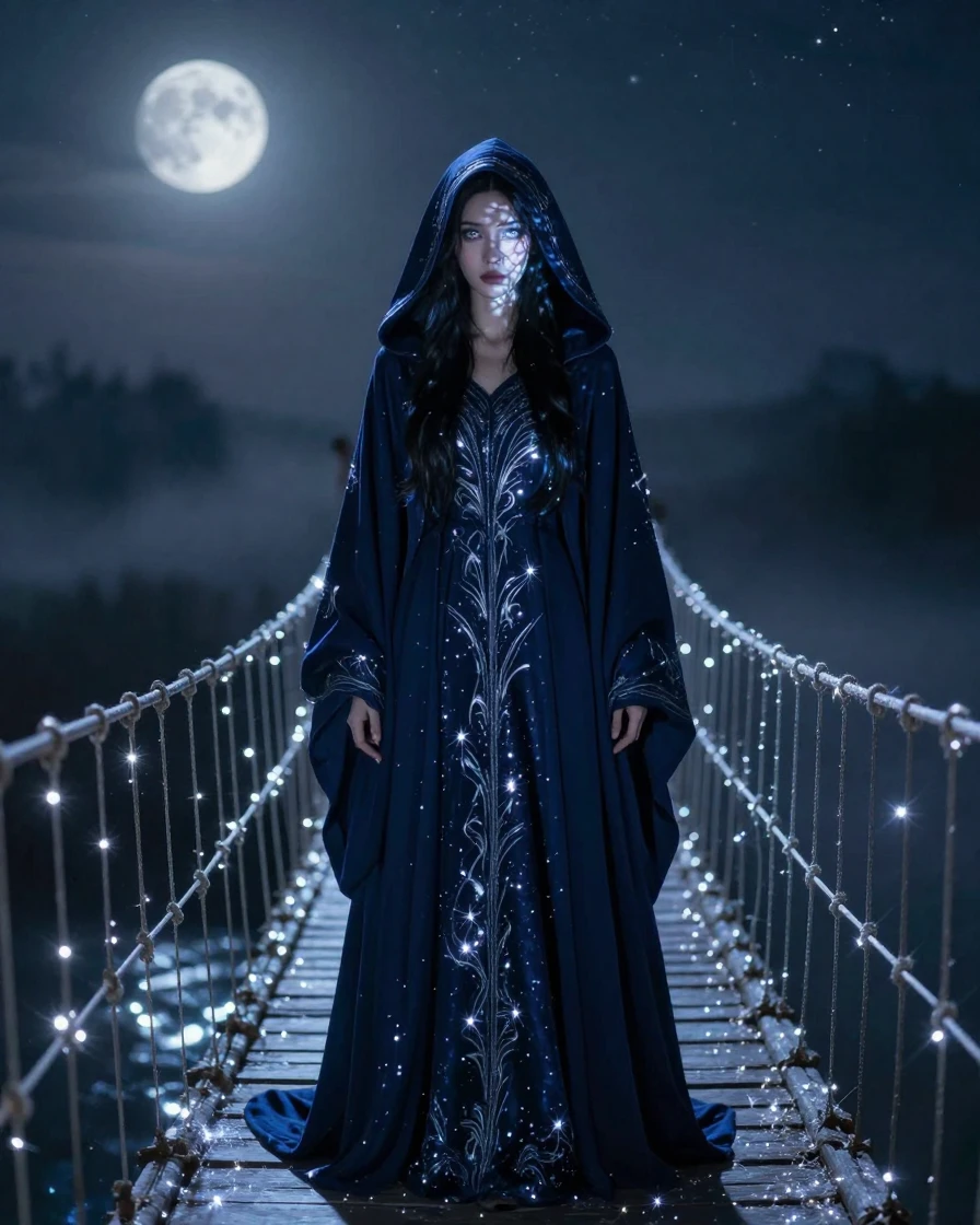 A cloaked sorceress standing across a bridge spun from starlight