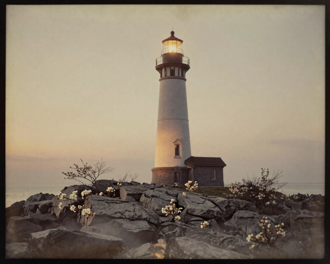 A towering lighthouse standing watch over a rocky point, in low lamplight, as heat shimmers over the ground, as spring blossoms unfurl, in warm honey and cream tones, in a tight close-up.