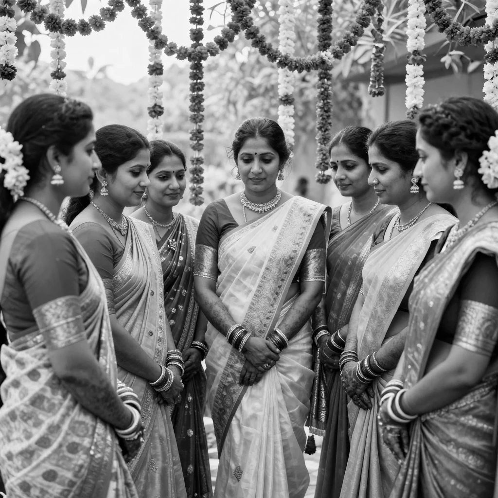 Women in colorful saris gather for a traditional wedding ritual beneath strings of marigold garlands.