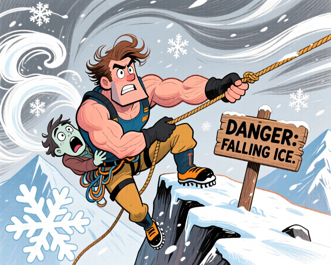 A daring mountaineer rescuing a stranded climber on a snowy, windswept cliff.