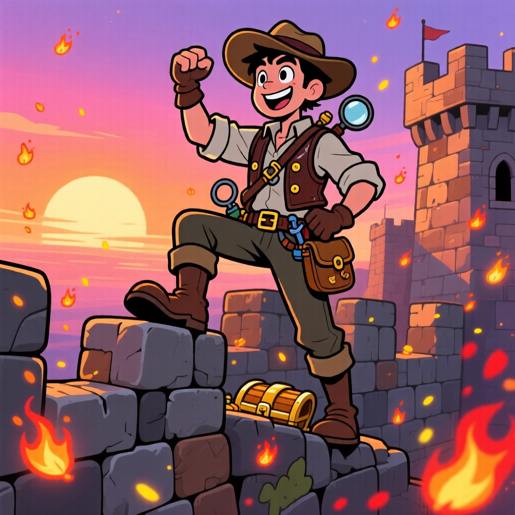 An imaginative fantasy scene of a fearless treasure hunter standing triumphantly atop a castle wall at sunrise, surrounded by drifting glowing embers.