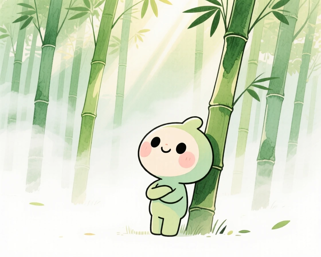 A serene landscape of a bamboo forest with light filtering through tall stalks wrapped in gentle mist