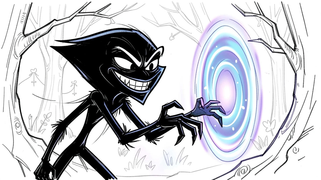 [Fantasy & Imaginative Scenarios] Imaginative fantasy scene of a mischievous shadow assassin discovering a glowing portal in the woods, brimming with wonder