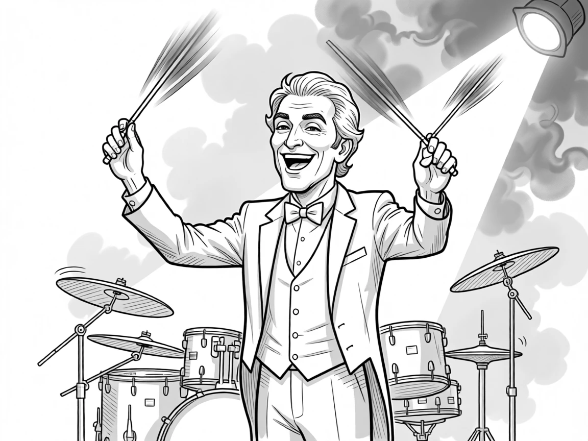 A conductor waving his baton with theatrical intensity, blurring both sticks into an almost invisible flurry, set on a smoky, spotlighted rock stage. Cymbals still shimmer from the last powerful hit. It radiates the joy of losing yourself completely in sound.