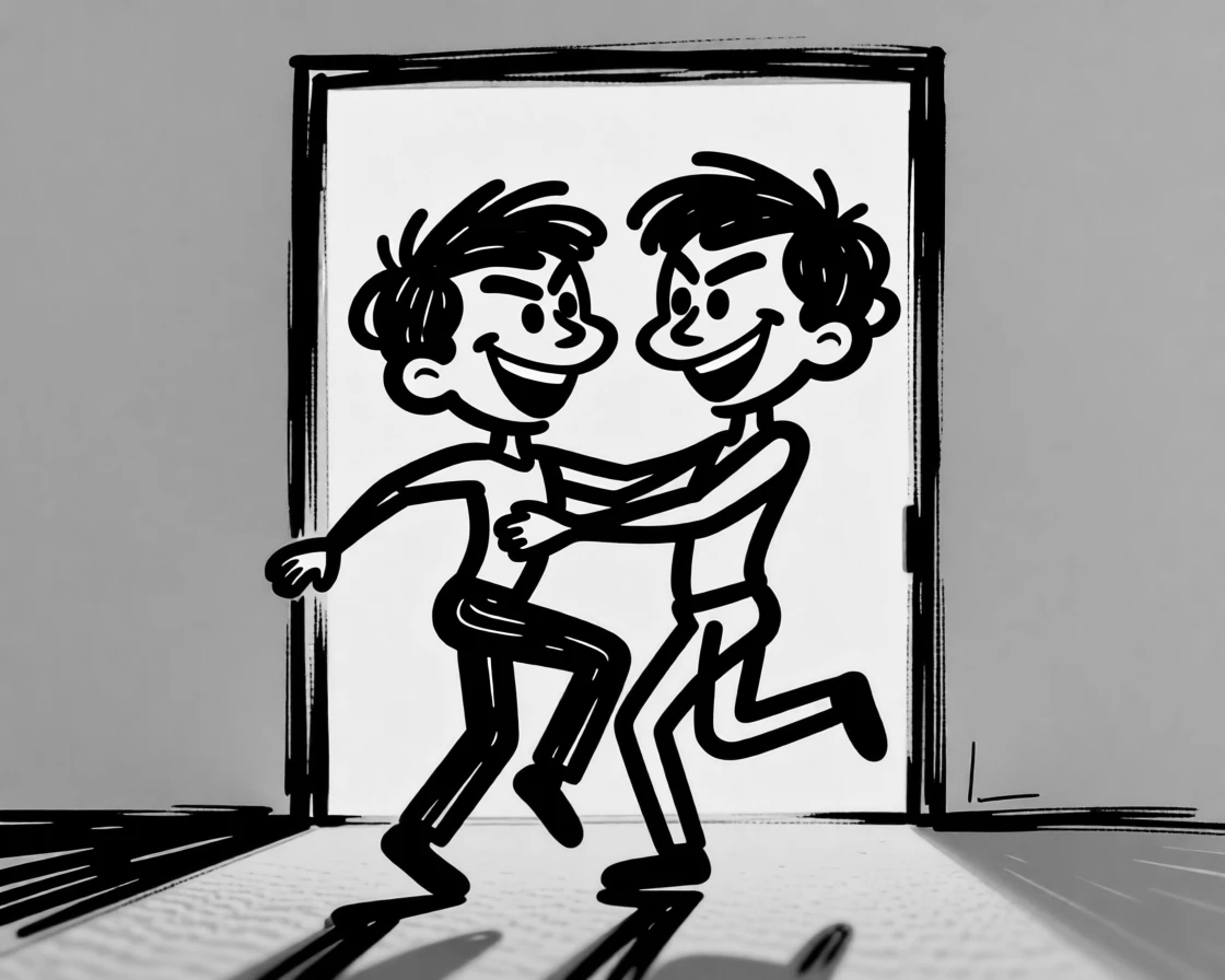 A couple's silhouette dancing together in a sunlit doorway at golden hour.