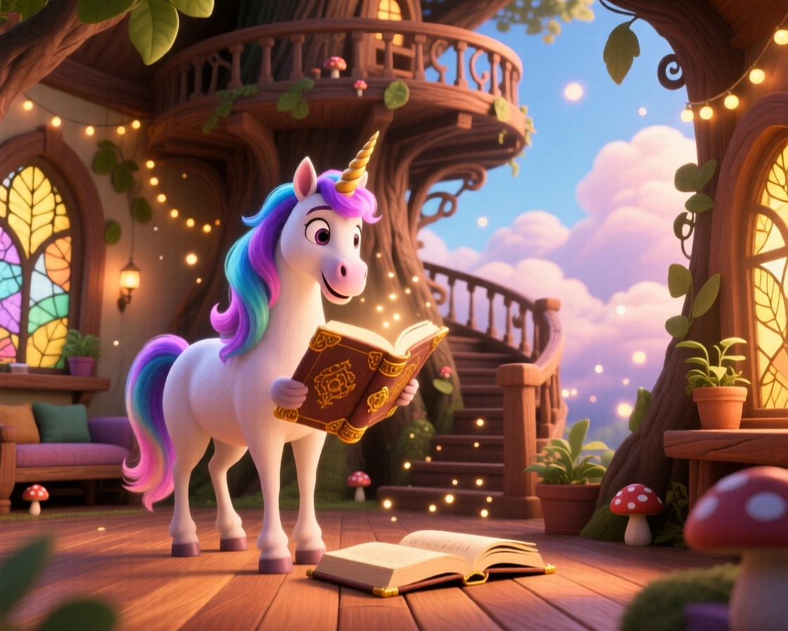 A unicorn with a flowing mane stands inside a treehouse spiraling into the clouds, reading from an ancient glowing book. A magical, wondrous stillness fills the scene, with soft glowing light illuminating every surface.