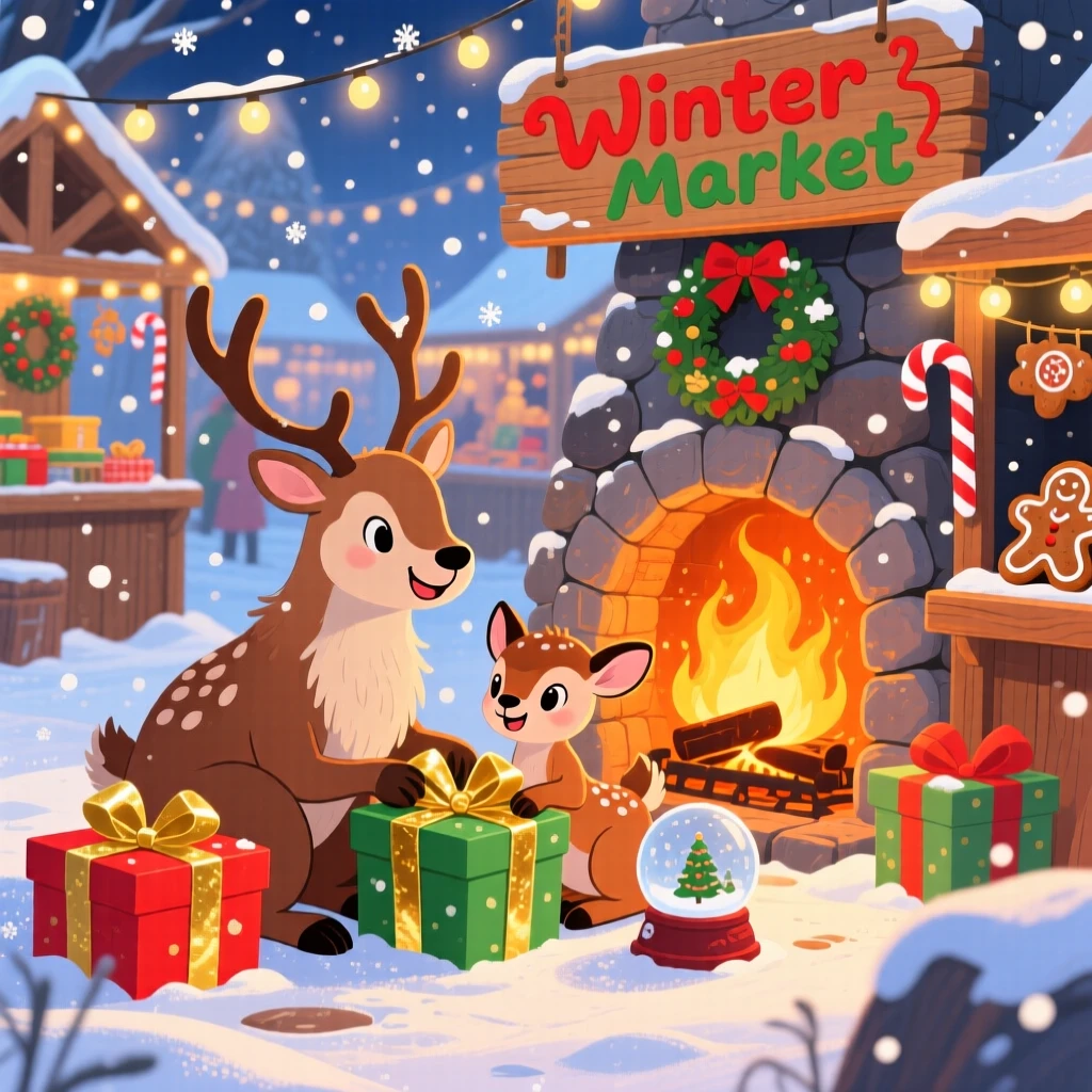 In a sparkling winter market, a reindeer and its fawn celebrate together by opening presents beside a crackling fireplace, as snowflakes drift softly down.