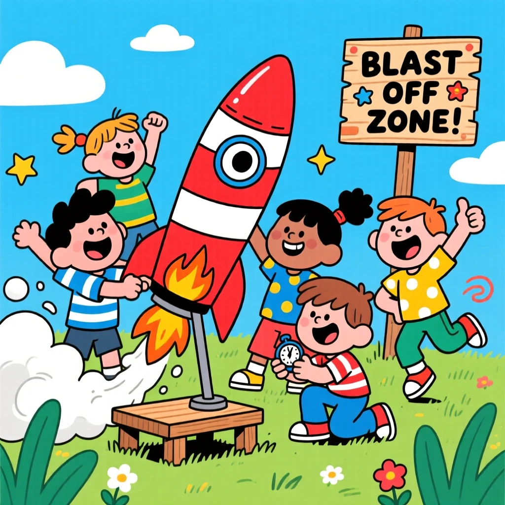 A group of kids launching a homemade baking-soda rocket.