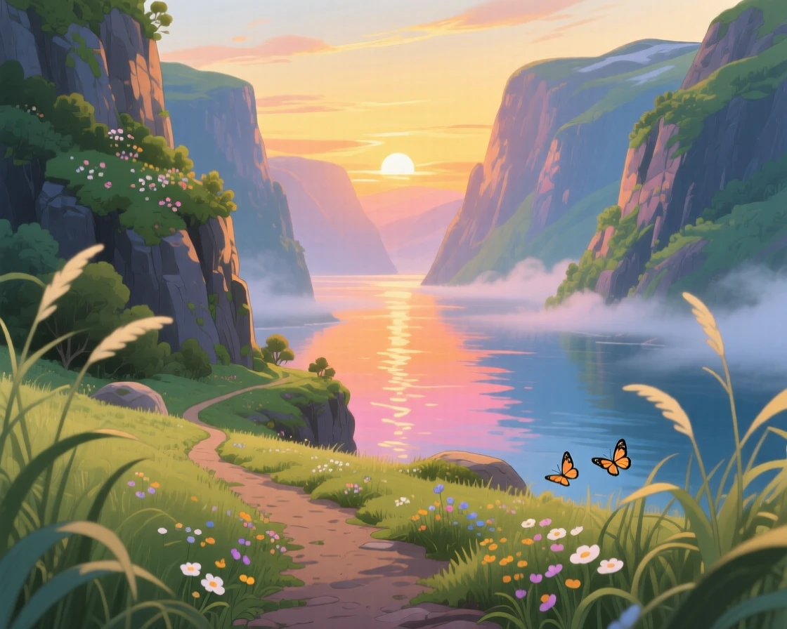 A breathtaking view of a fjord flanked by towering cliffs, with a single winding dirt path leading into the distance, at sunrise, seen through a gentle foreground of grass.