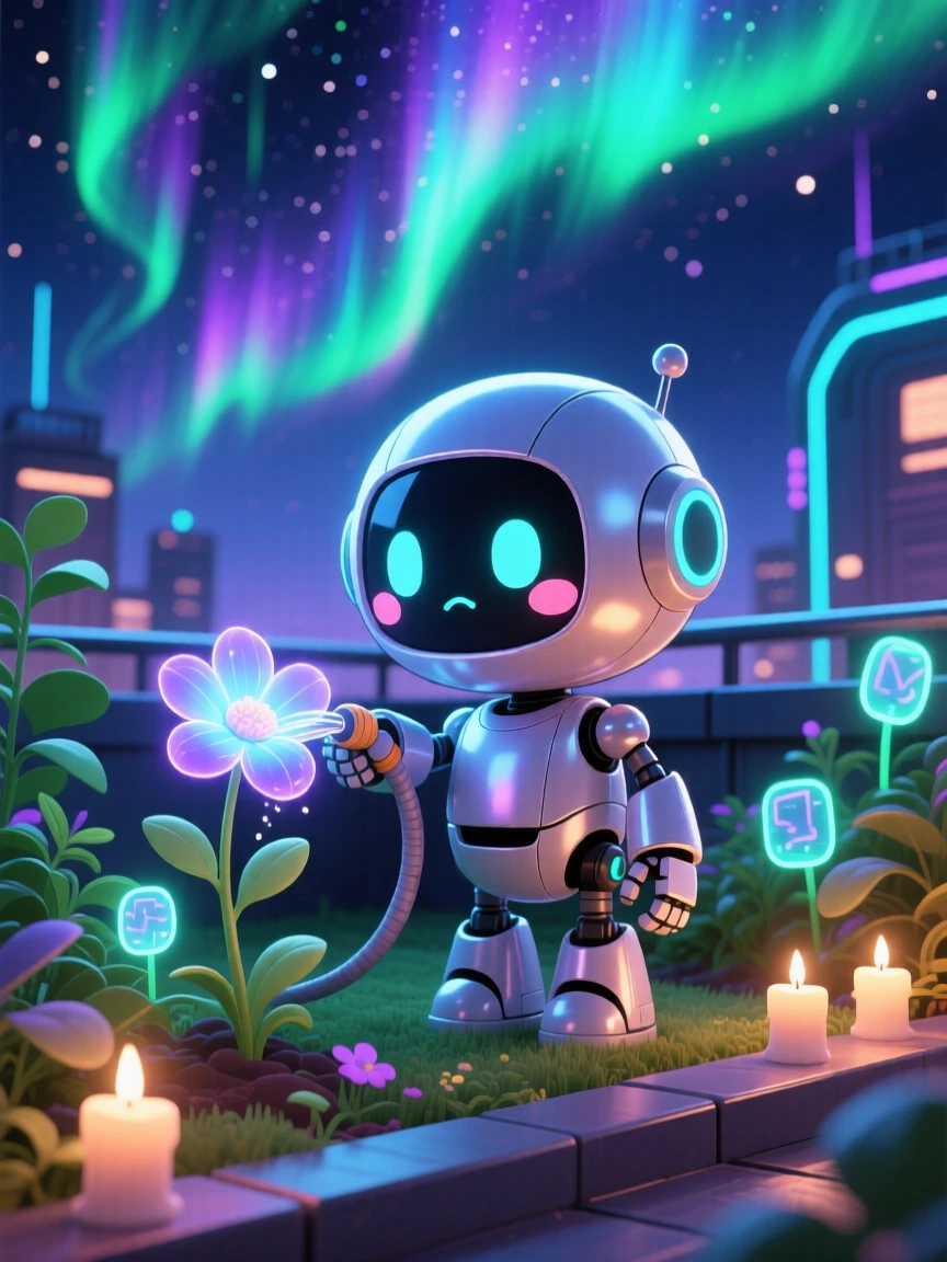 In a futuristic rooftop garden, a small round robot is watering a glowing flower with a tiny hose beneath swirling aurora-lit skies, bathed in gentle candlelight, expression full of shy bashfulness. Shot as a waist-up portrait.