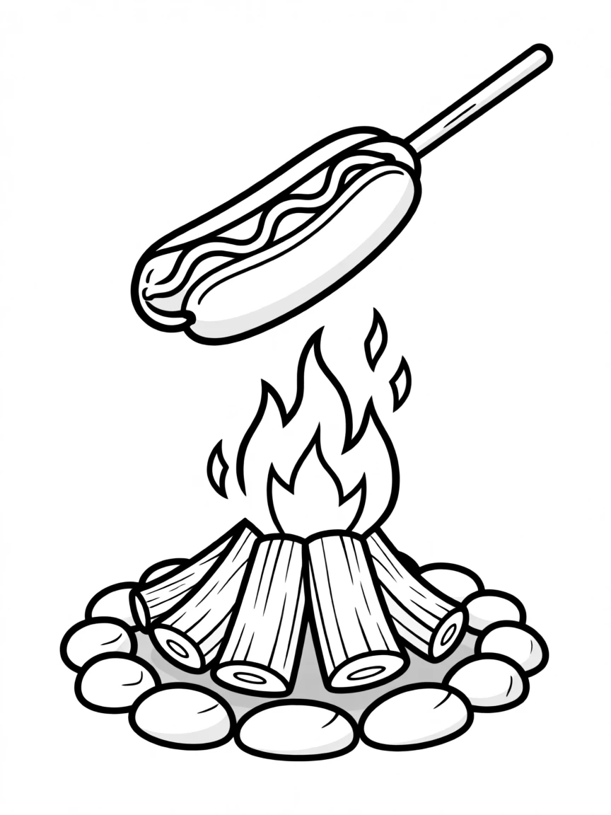 A campfire hot dog roasting on a stick