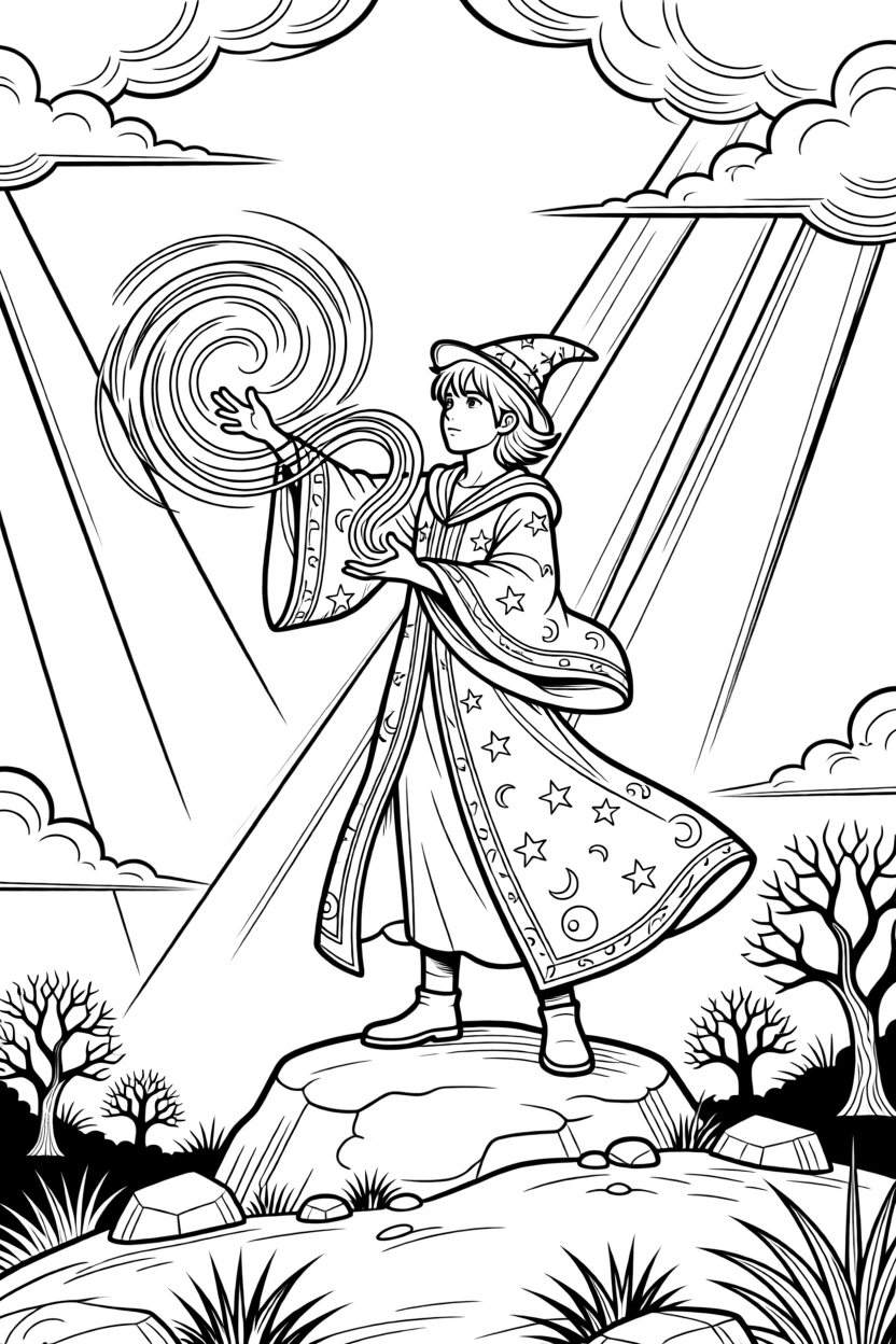 A wizard casting a spell with swirling energy, with beams of moonlight cutting through the clouds.