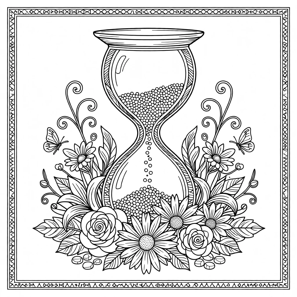 An hourglass with sand transforming into blooming flowers at the base.