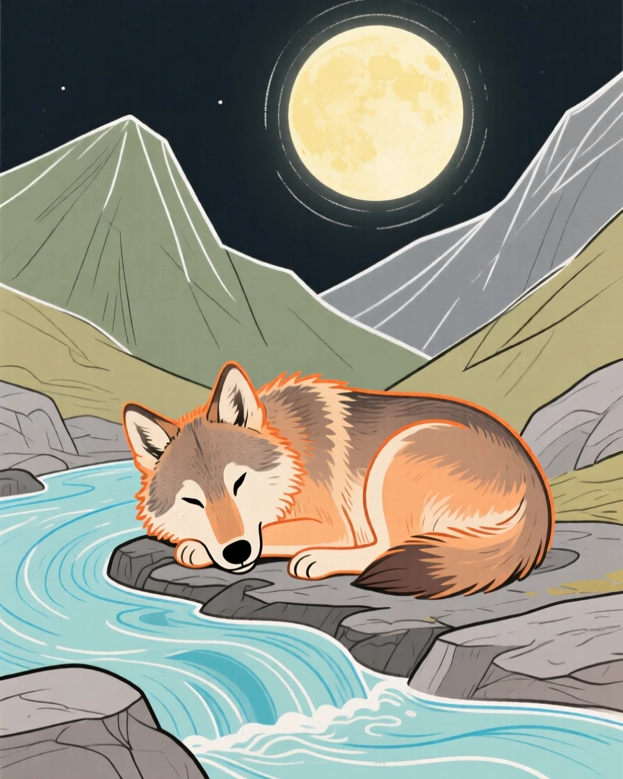 A young wolf curled up together beside a mountain stream under a full moon.