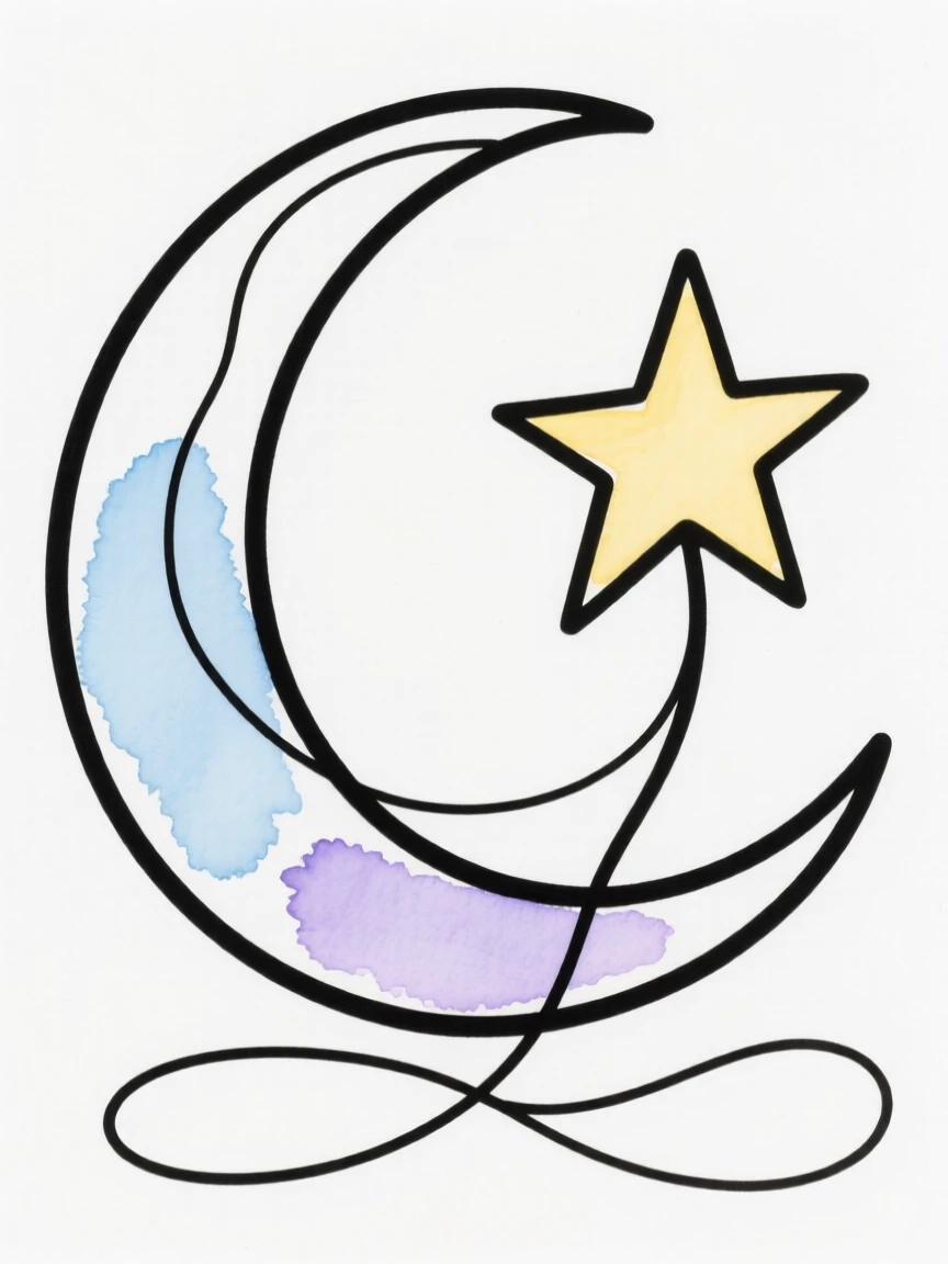 A crescent moon beside a single star