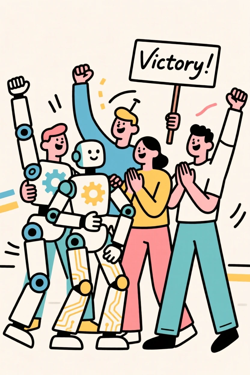 A robotics team celebrating together after a successful competition run.
