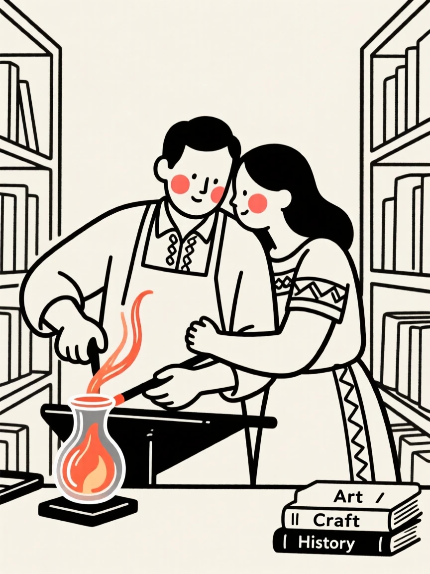A glassblower of mexican heritage shaping molten glass, sharing a tender embrace, in a quiet library.