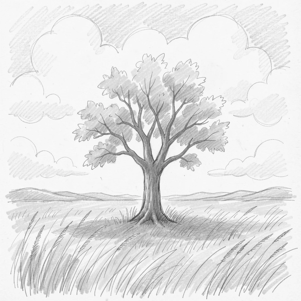 A peaceful moment of a solitary tree standing in an open golden field under a canopy of soft clouds, radiating quiet hope and renewal.