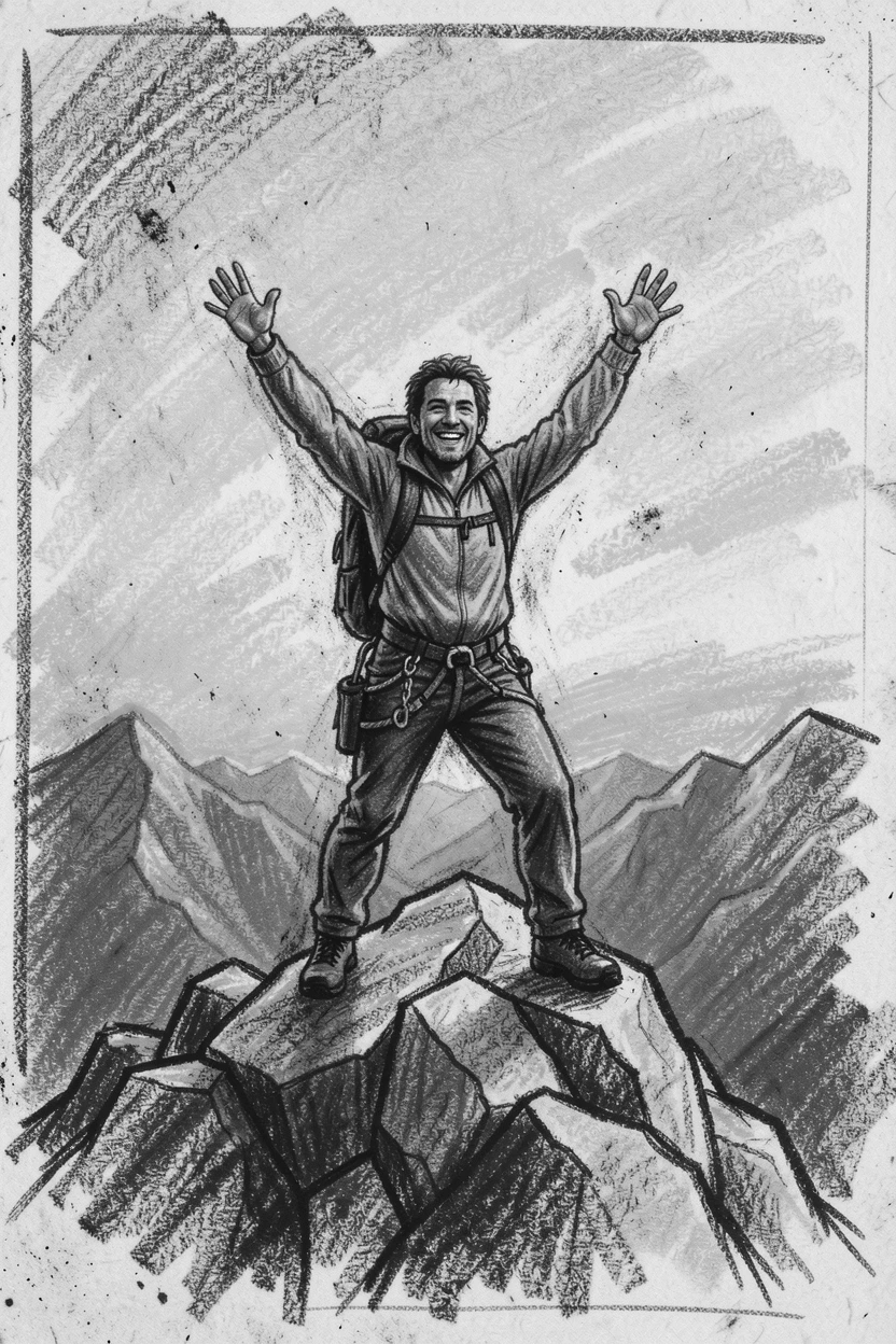 A lone climber reaching the summit at sunrise, arms outstretched, with everyone smiling and full of warmth.