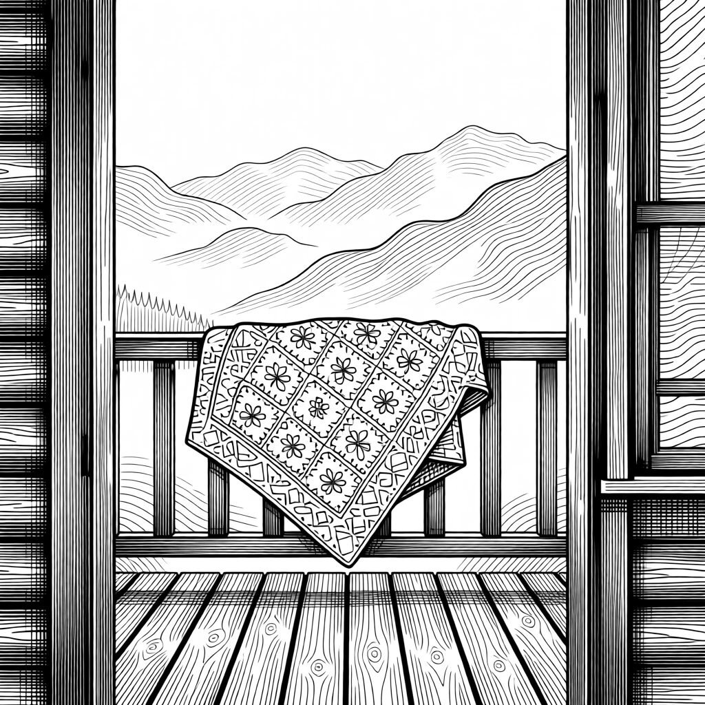 A cabin porch with a view of misty mountains with a gentle breeze drifting through an open window, with a folded quilt with hand-stitched patterns, evoking a restfully serene sense of calm.