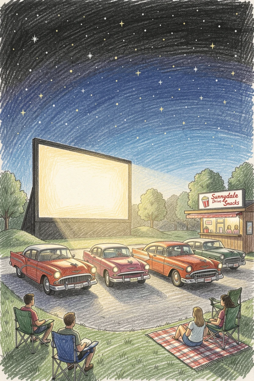 A drive-in movie theater glowing beneath a starry summer sky, with rich, inviting textures throughout the scene, celebrating a moment people would love to revisit.