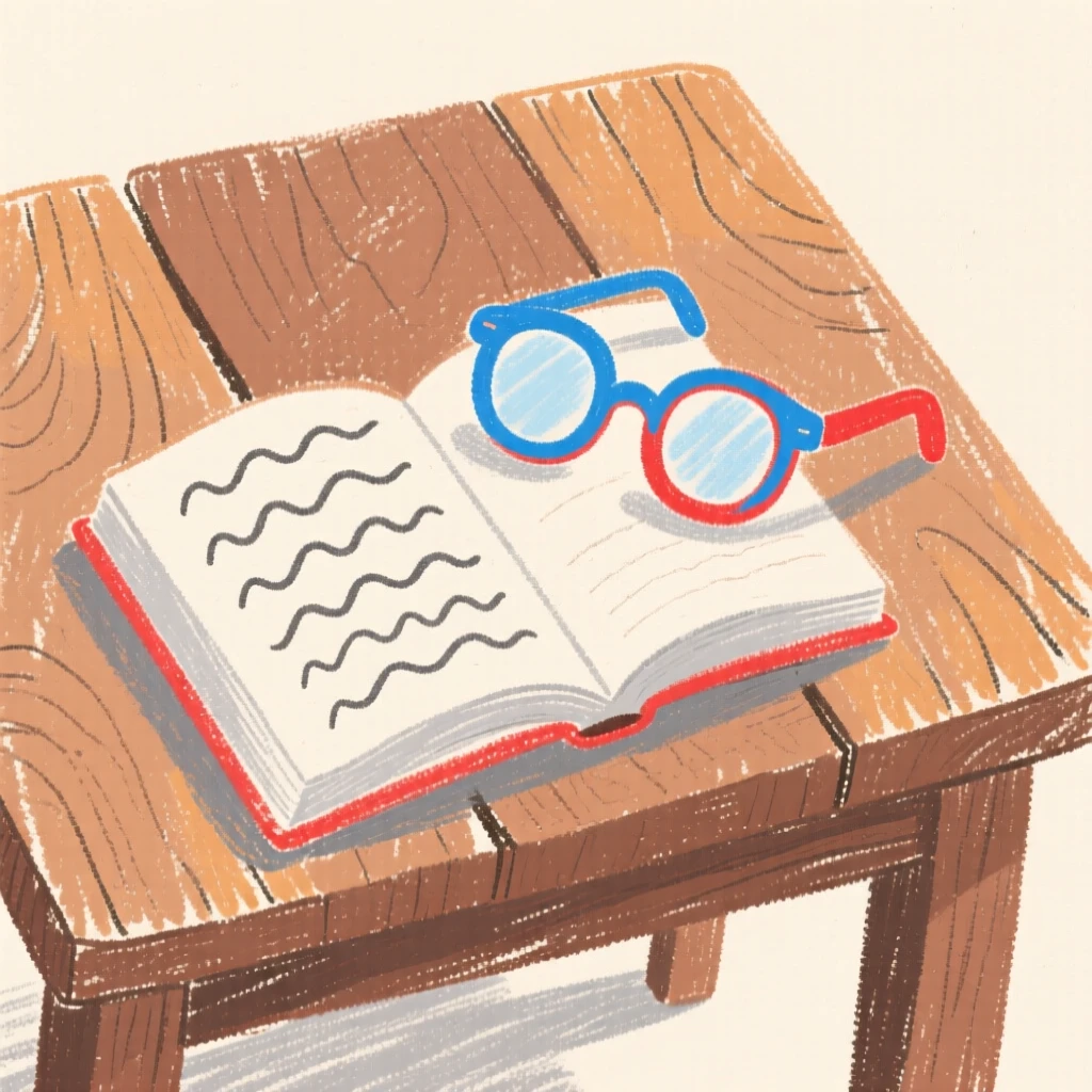 A pair of reading glasses beside a novel resting on a rustic wooden table.