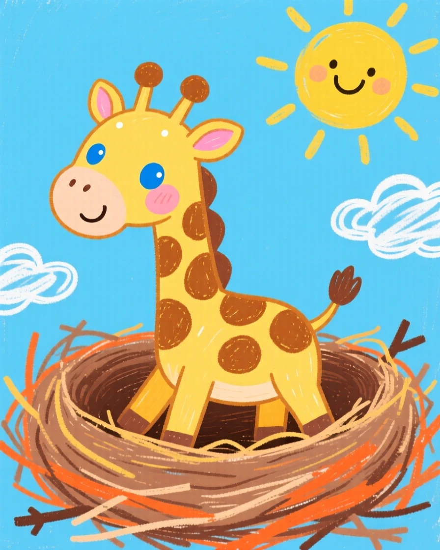 A wobbly baby giraffe peeking over the edge of its nest.