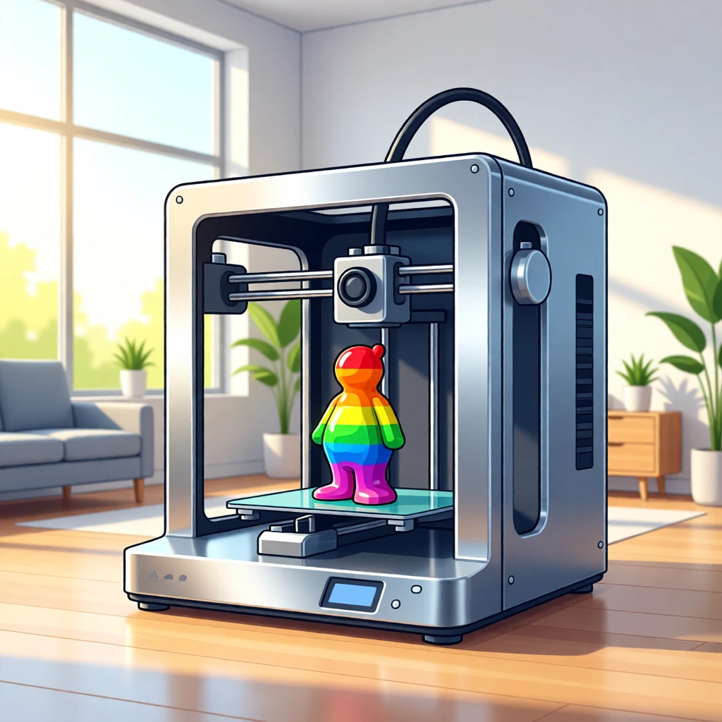 A 3D printer creating a colorful small figurine layer by layer, set within a bright, sunlit contemporary room, composed with a friendly, approachable sense of innovation, with sleek metallic textures catching soft light.