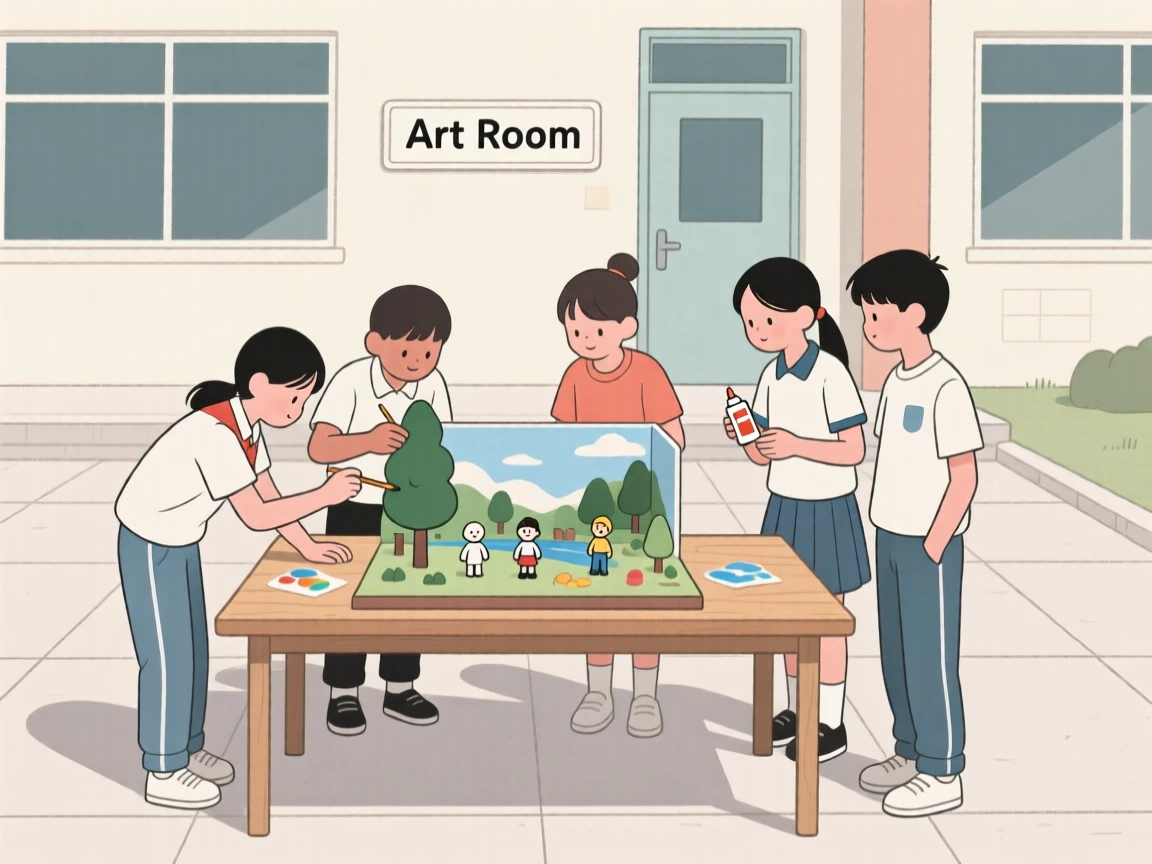 A group of students building a diorama in a school courtyard.
