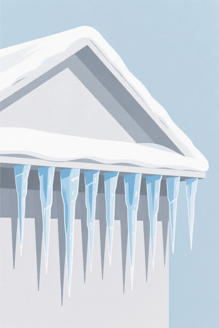 Icicles hanging from a snow-covered rooftop