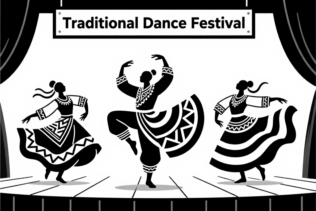 A traditional dance troupe performing in colorful costumes.