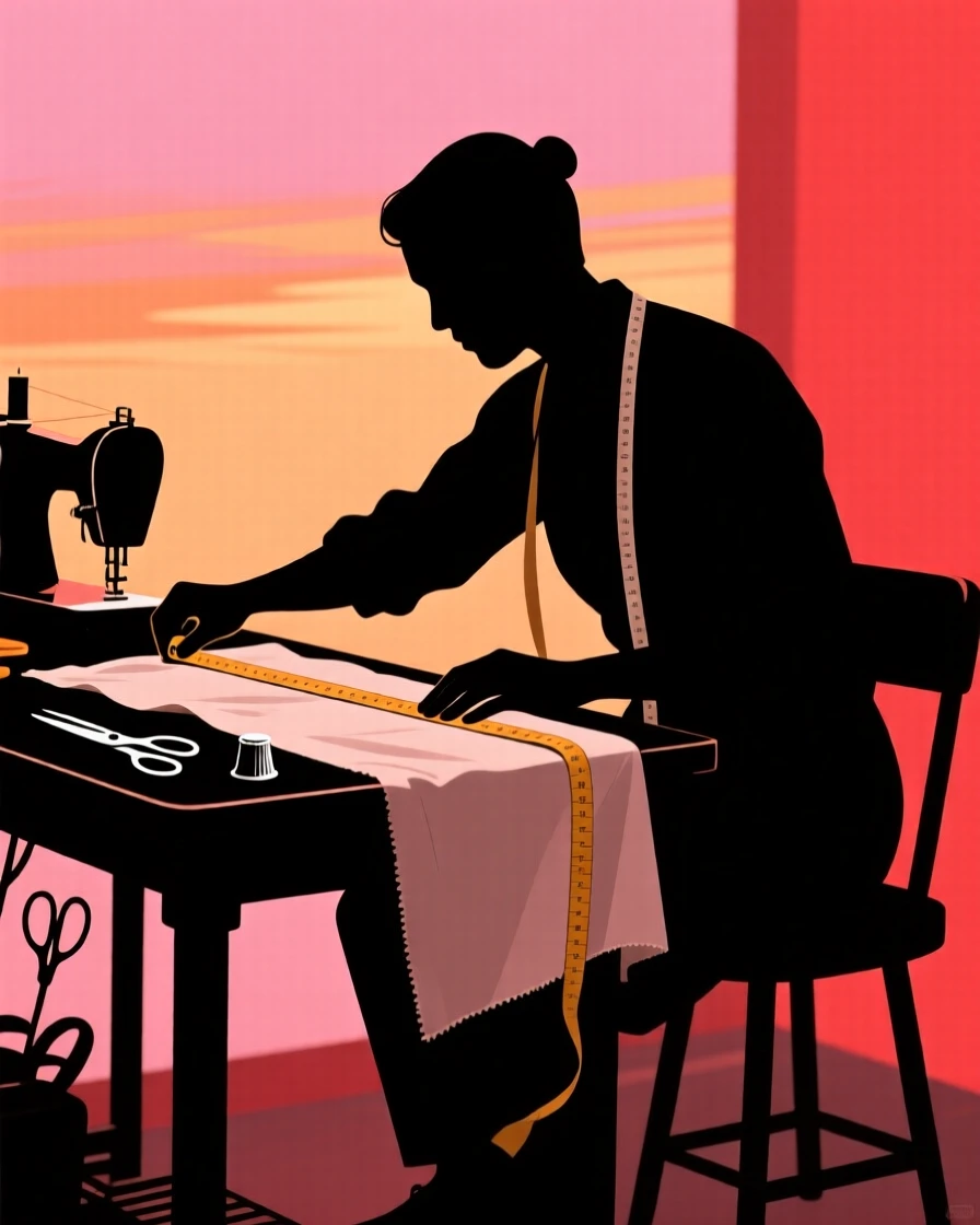 A tailor measuring fabric carefully at a small sewing table.