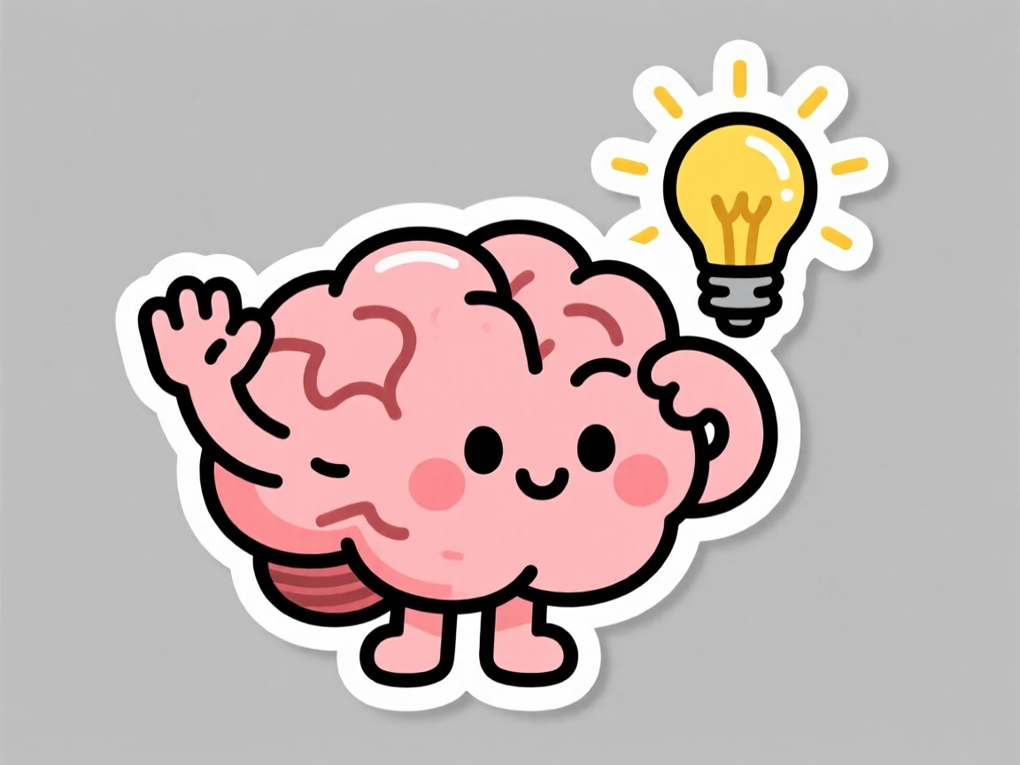 A gently expressive cute cartoon brain character thinking with a lightbulb, waving hello with excitement, bringing a smile to young learners.