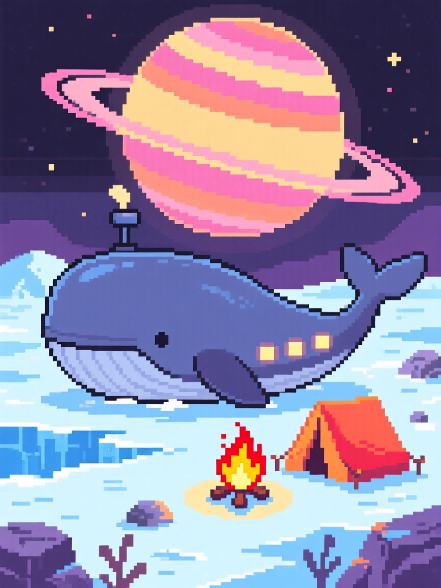 A spaceship shaped like a whale setting up camp on a quiet alien moon, on a frozen moon under a ringed planet's glow.