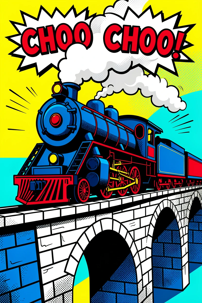 A classic steam locomotive crossing a stone viaduct