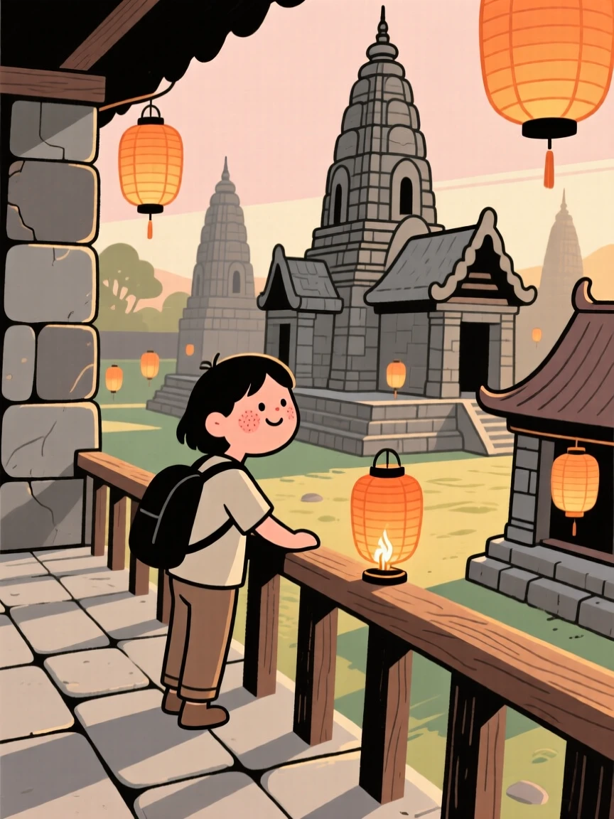 A traveler pauses on a stone terrace overlooking an ancient temple complex, watching lanterns being lit one by one as the golden afternoon light settles over the scene.