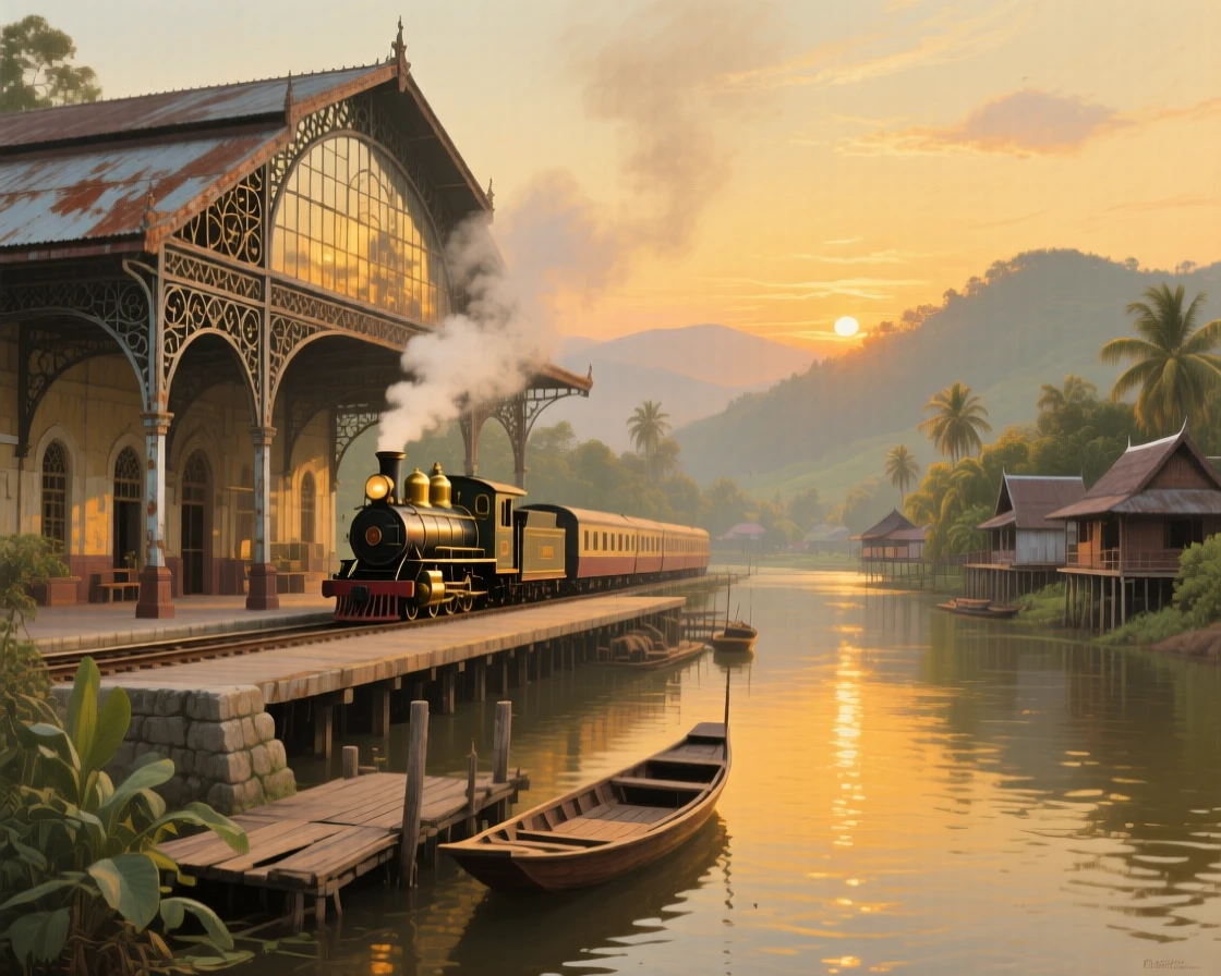 A broad landscape view of a grand old railway station with wrought-iron beams and rising steam, at golden hour, in a Thai river village.