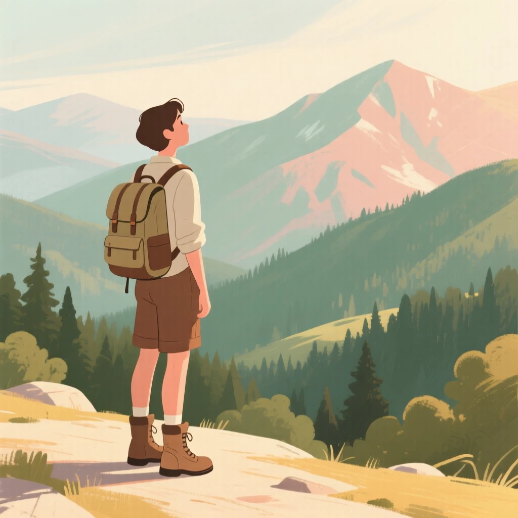 A hiker pausing to admire a sweeping mountain vista
