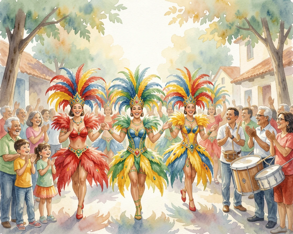 A Brazilian carnival parade with vibrant feathered costumes with the whole community joining in.